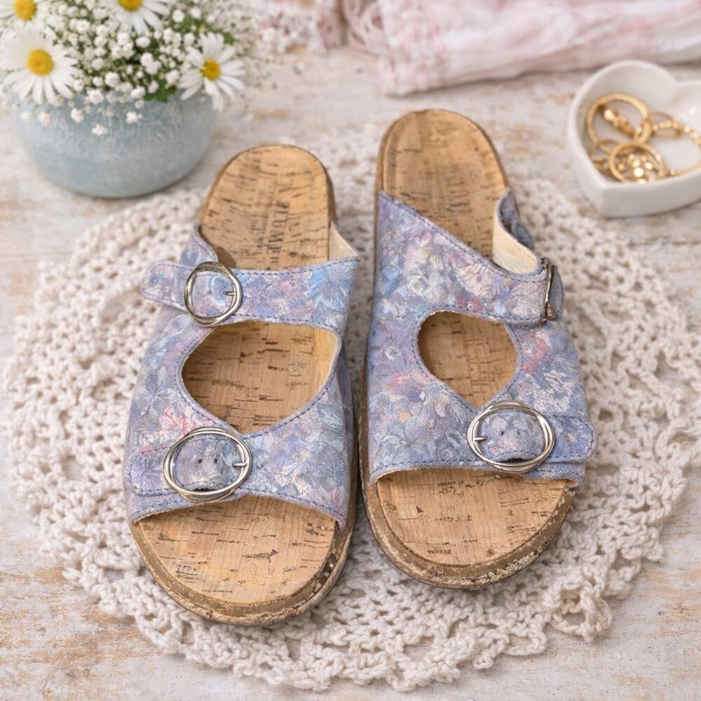 La Plume Metallic Leather Sandals Made Italy Sz 38 / 7.5 - 8 Blue Double Buckle